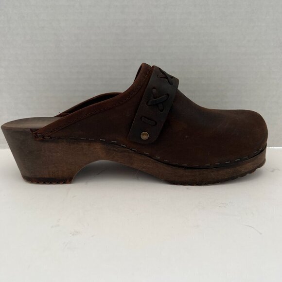 Danish Clogs Chocolate Brown Leather Wood Platform Slip On Mule Size 7 - Picture 3 of 15